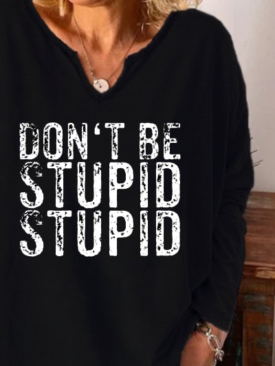 Funny text print notched neck long sleeve shirt