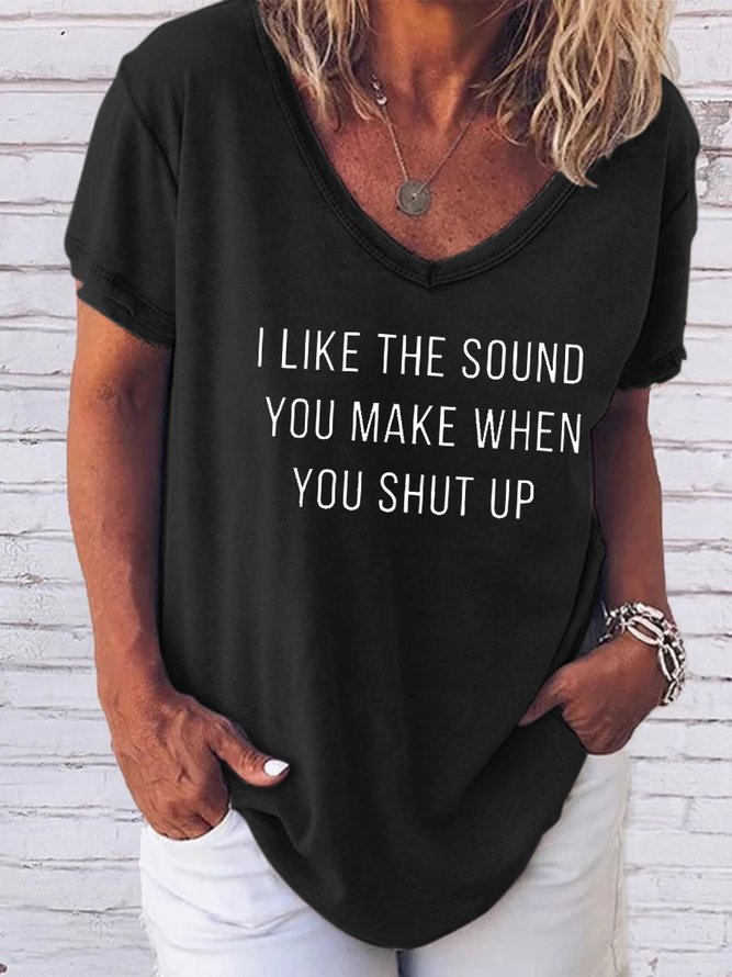 Fun text printed V-neck short-sleeved T-shirt