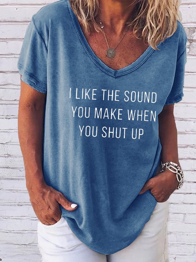 Fun text printed V-neck short-sleeved T-shirt