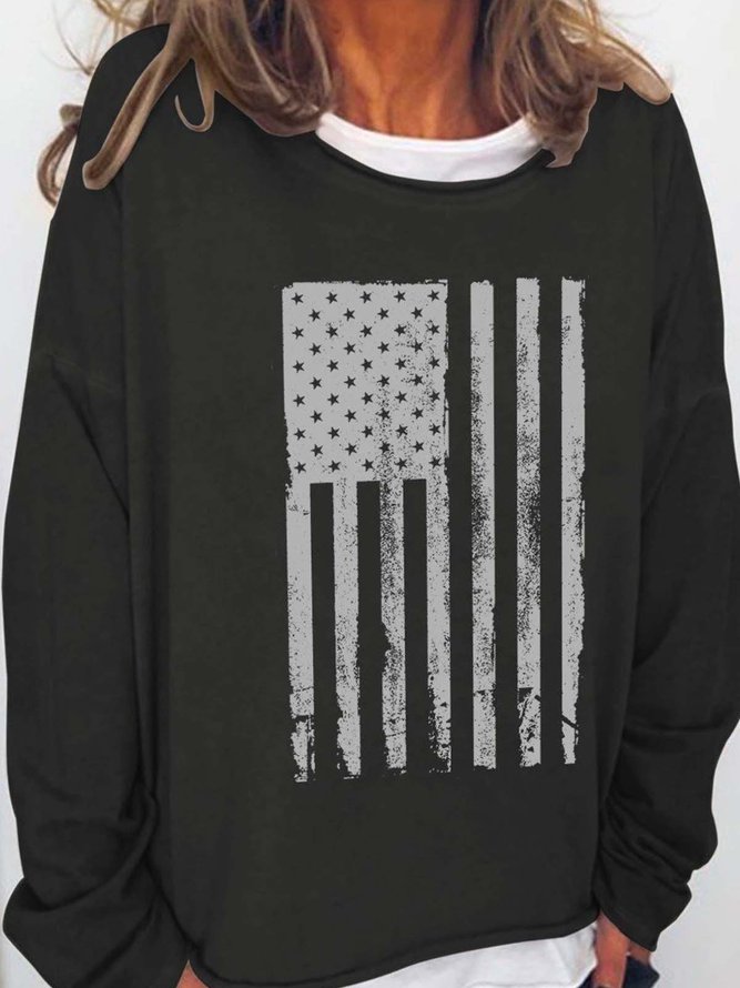America Patriotic Flag Long Sleeve Crew Neck Cotton Blends Sweatshirt