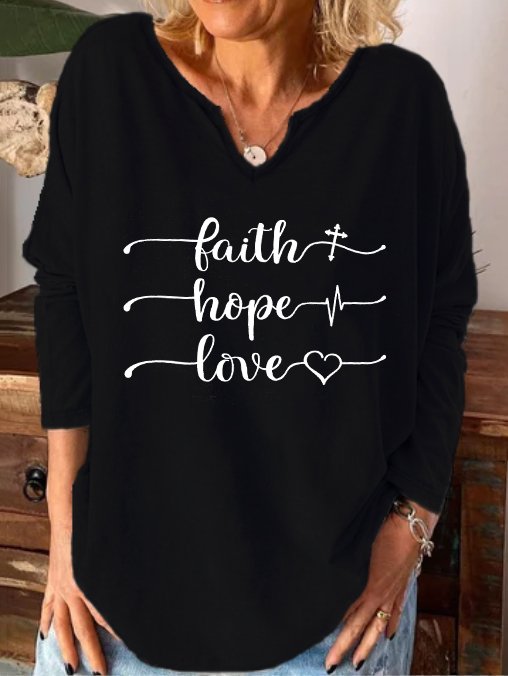 Faith hope love notched neck long sleeve shirt
