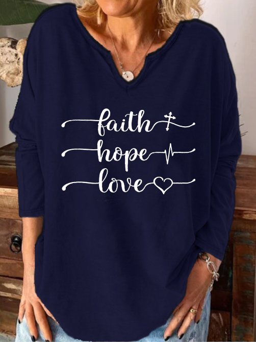 Faith hope love notched neck long sleeve shirt