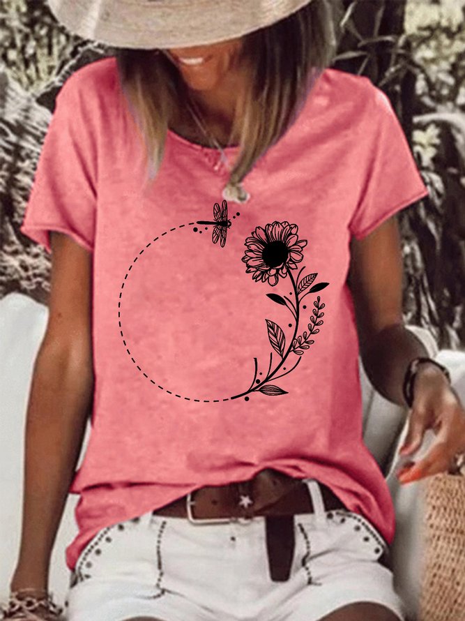 Botanical Circle Frame with Sunflower and Dragonfly Women's Short sleeve tops