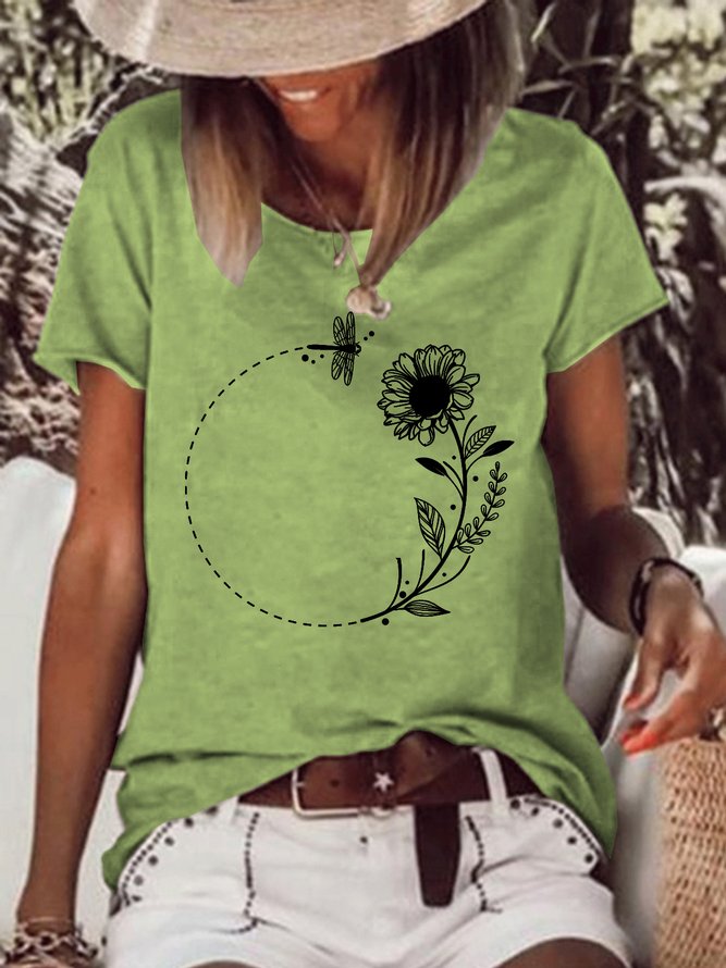 Botanical Circle Frame with Sunflower and Dragonfly Women's Shirts & Tops