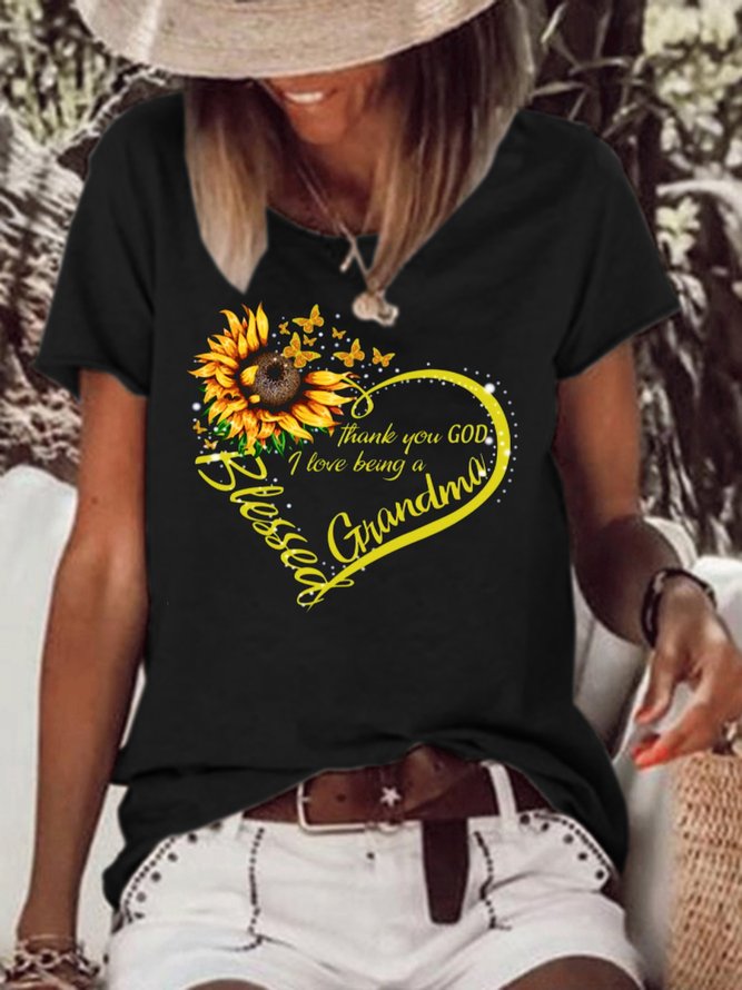 Blessed Grandma Sunflower Print Crew Neck Short Sleeve T-Shirt