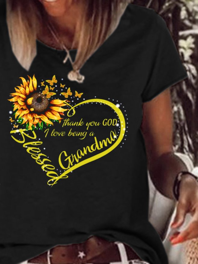 Blessed Grandma Sunflower Print Crew Neck Short Sleeve T-Shirt