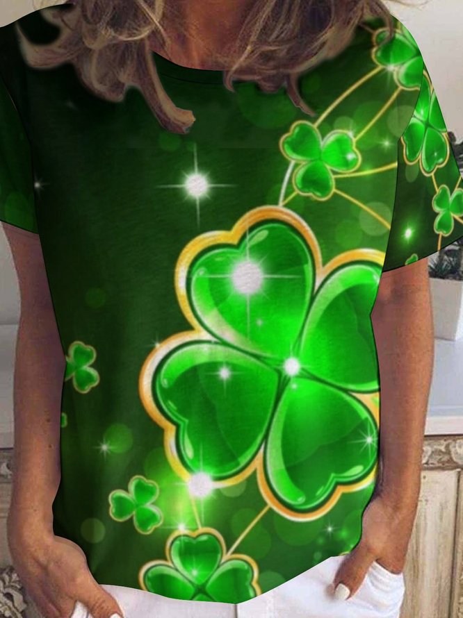 St. Patrick's Day Four-Leaf Clover Floral Crew Neck Short sleeve tops ...