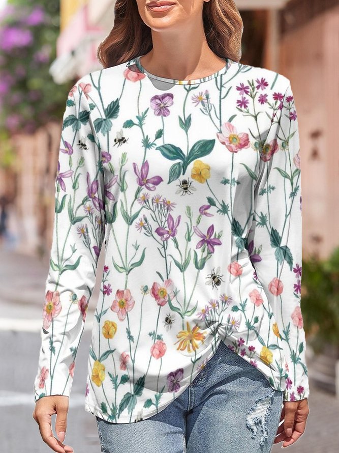 Bee Floral Print Knotted Tie Button-Side Long sleeve tops