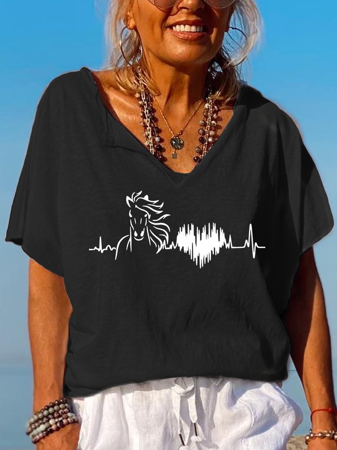 Casual Simple Horse Heart Print Lapel T-Shirt