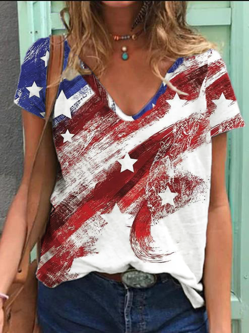 Casual V Neck American Flag Star Printed Abstract T-Shirt