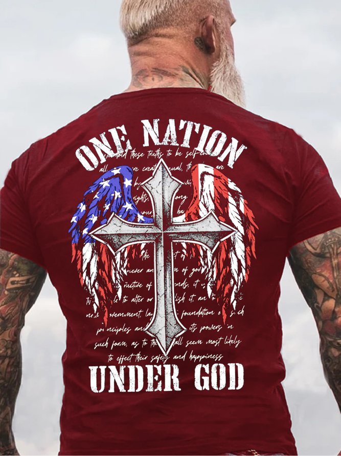 One Nation Under God Christian Cross Flag Casual Short Sleeve T-Shirt