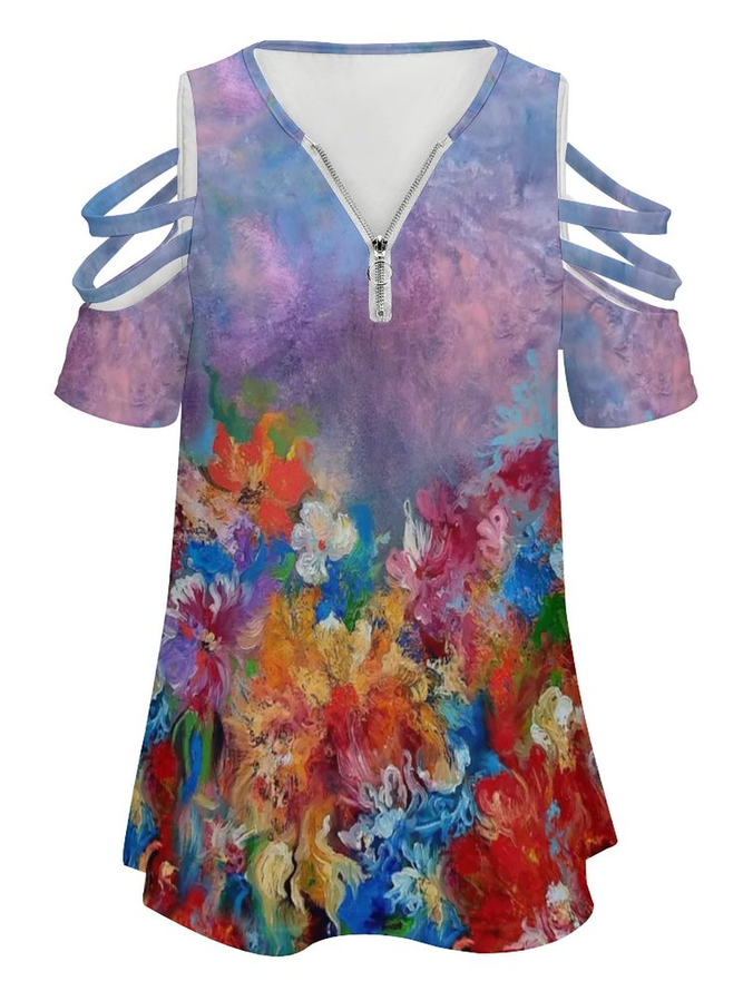 Casual Floral Gradient Print V-Neck Short Sleeve Top