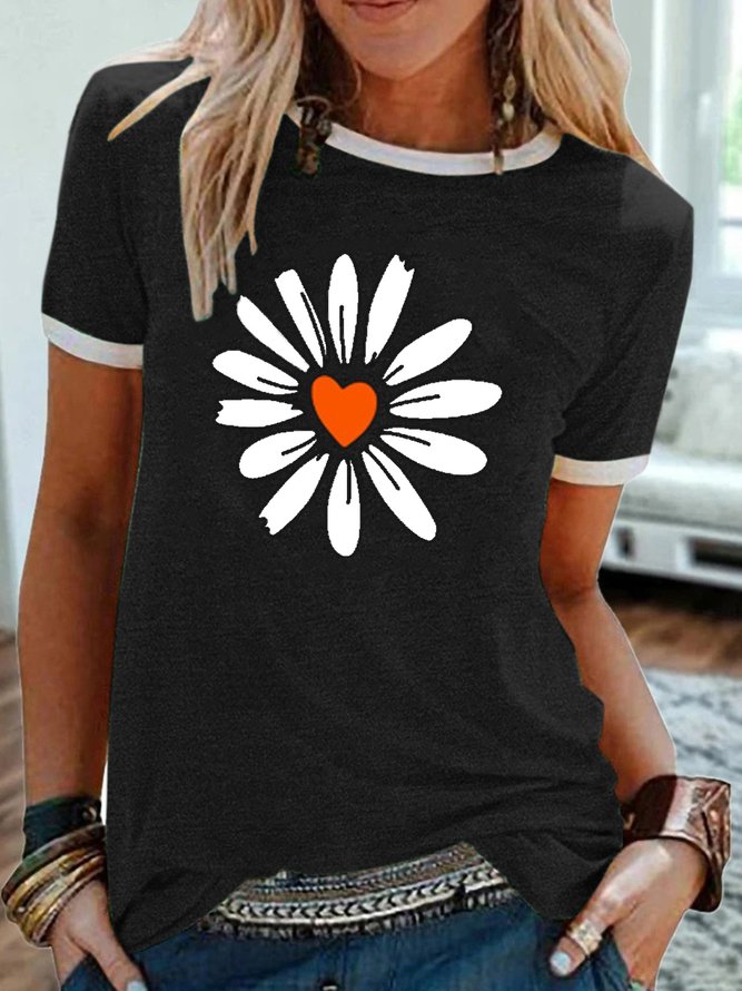 Women's Summer Fashion flower Heart Print Casual Short Sleeve T-Shirt