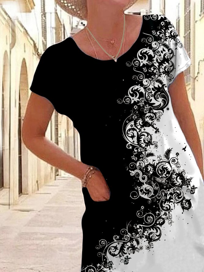 Casual Contrast Pattern Print Short Sleeve Midi Dress