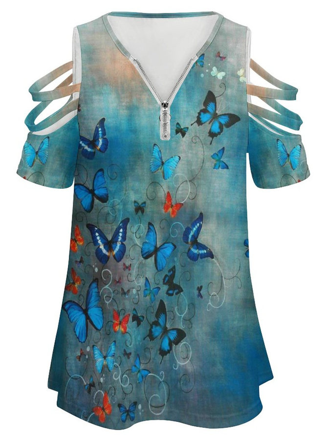 Butterfly Print V Neck Casual Short Sleeve Tops