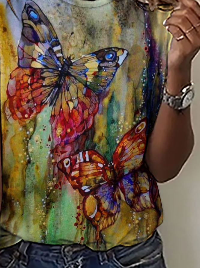 Casual Abstract Butterfly Gradient Print Crew Neck Short Sleeve T-Shirt