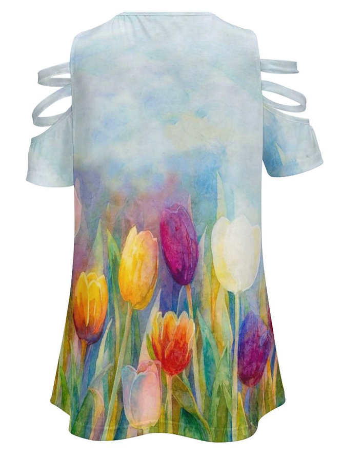 Casual Simple Tulip Print V-Neck Short Sleeve Top