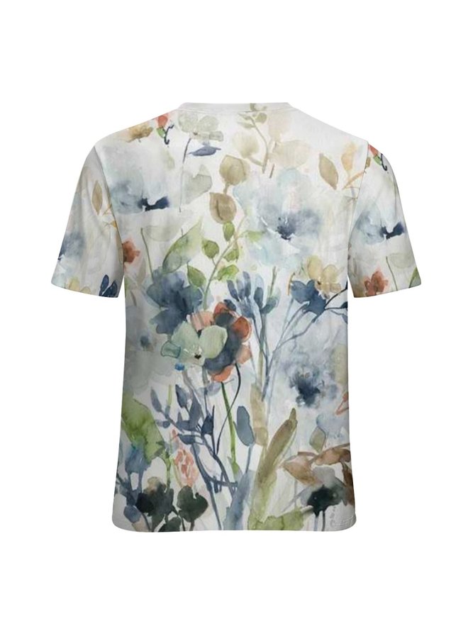 Watercolor Flower Print Short Sleeve T-Shirt