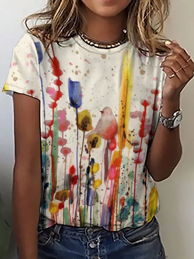 Casual Abstract Floral Bird Print Crew Neck T-Shirt