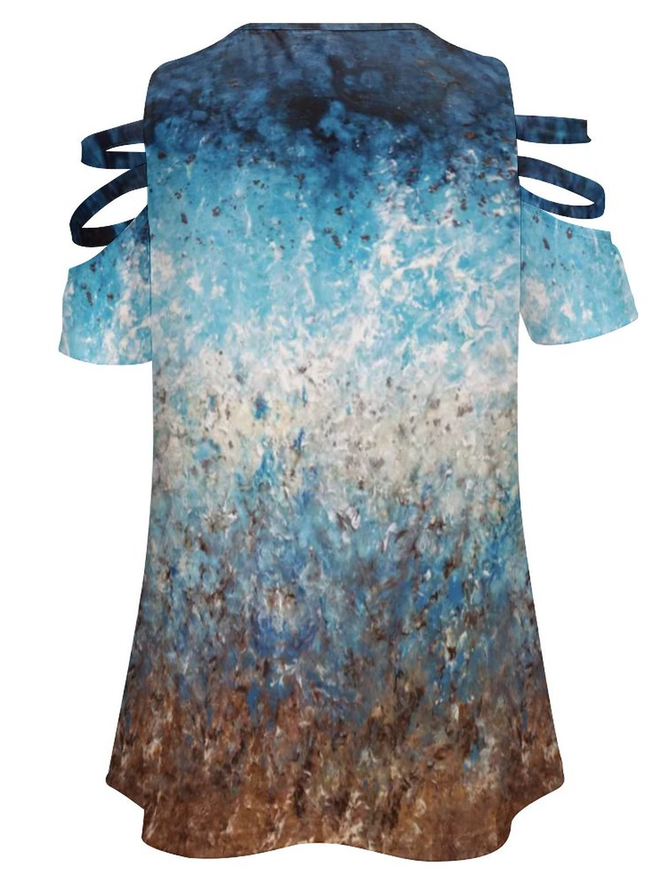 Casual Abstract Gradient Print V-Neck Short Sleeve Top