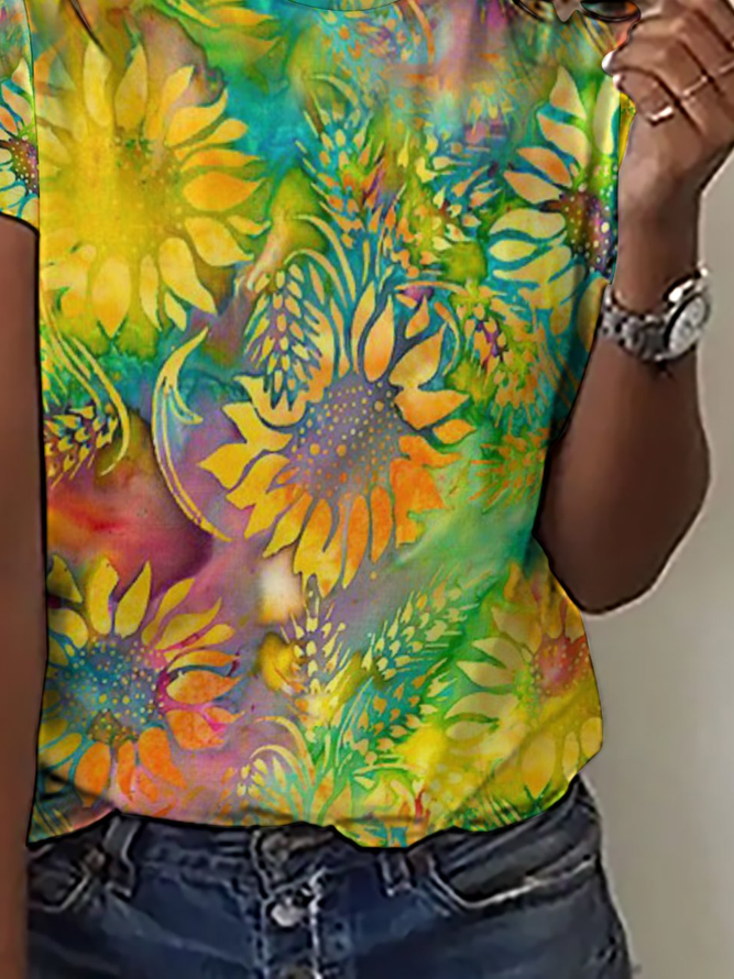 Casual Abstract Sunflower Print Crew Neck Short Sleeve T-Shirt