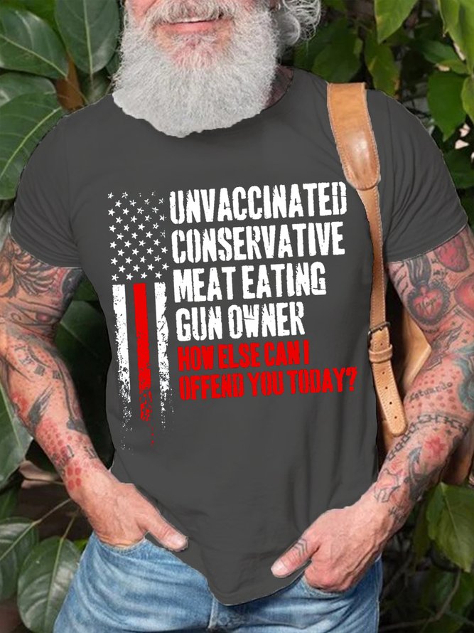Mens Unvaccinated Conservative Meat Eating Gun funny Casual Cotton Short Sleeve T-Shirt