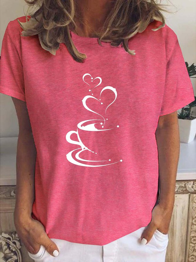 Casual Simple Coffee Heart Print Crew Neck T-Shirt