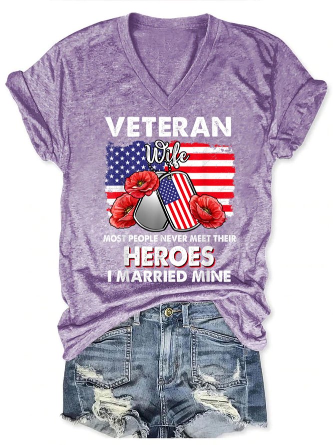 Veteran wife some people never meet their heroes veteran day Regular Fit Letter Cotton Blends Short Sleeve T-Shirt