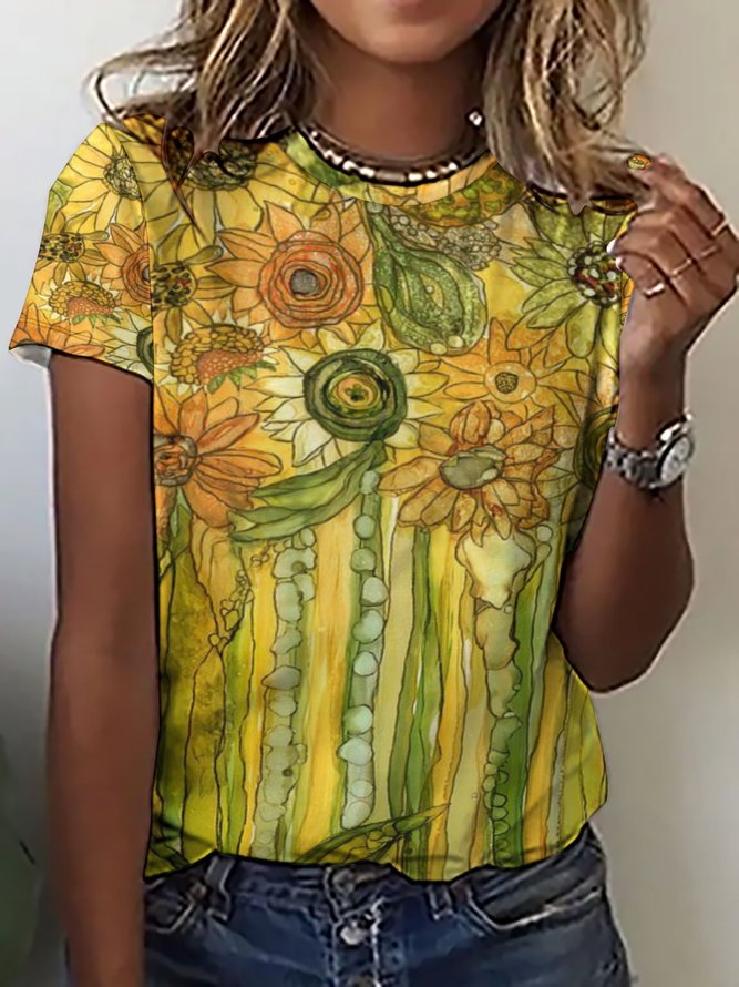 Womens Sunflower Print Casual Short Sleeve T-Shirt