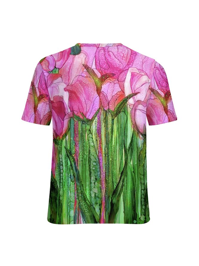 Womens Flowers Abstract Print Short Sleeve T-Shirt