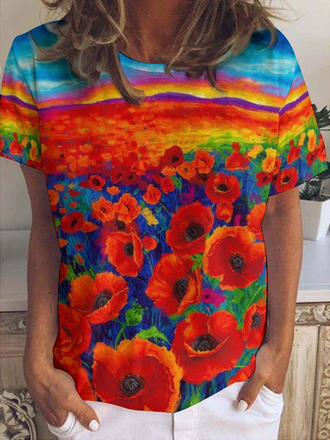 Womens Flower Art Print Casual Short Sleeve T-Shirt
