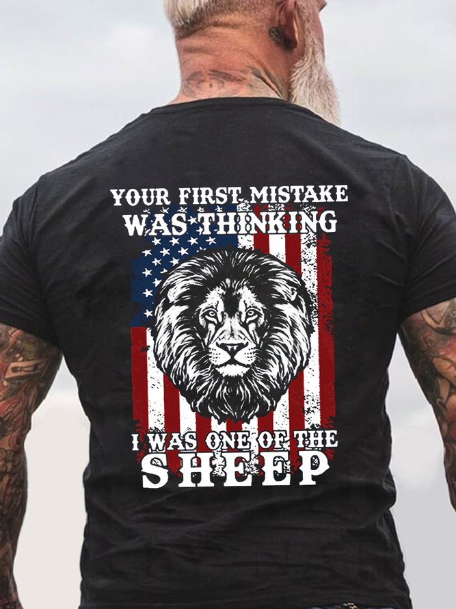 Lion Us Flag Your First Mistake Was Thinking I Was One Of The Sheep  Short Sleeve Cotton Crew Neck Short Sleeve T-Shirt