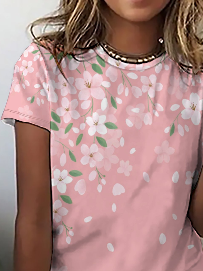 Casual Simple Sakura Gradient Print Crew Neck T-Shirt