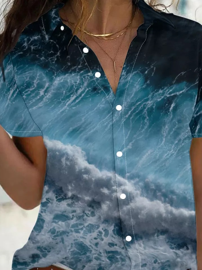Womens Dark Blue Ocean Water Waves Print Casual Short Sleeve Blouse