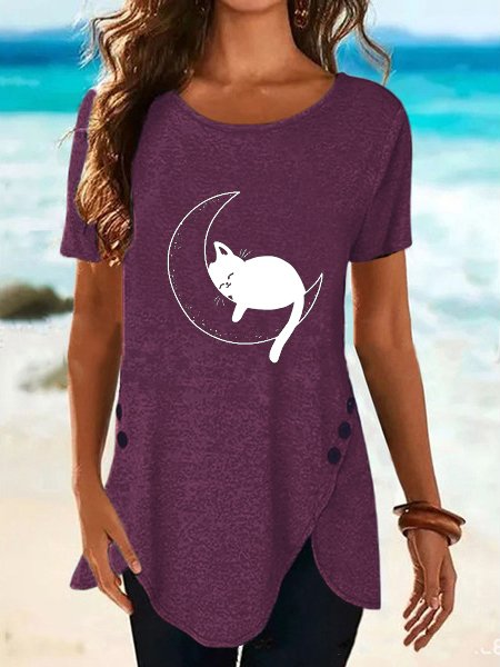 Casual Simple Moon Print Crew Neck T-Shirt