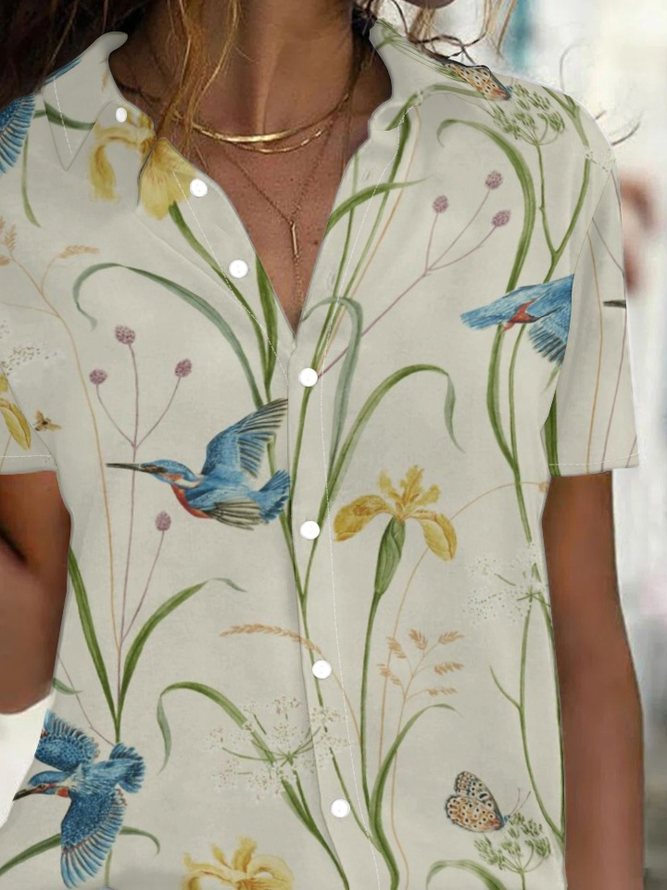 Women's Casual Vintage Floral Bird Print Short Sleeve Shirt