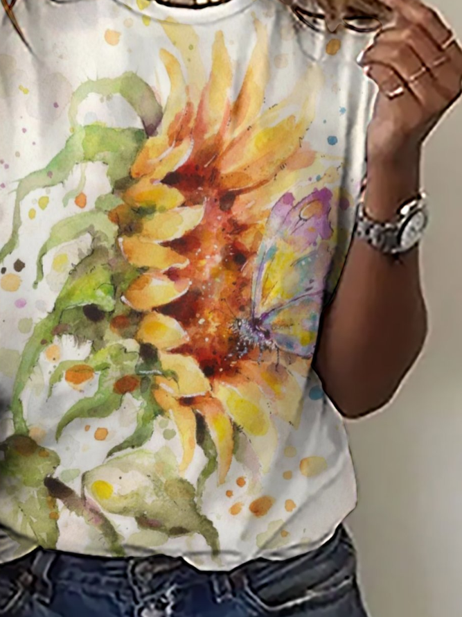 Casual Sunflower Print Crew Neck T-Shirt