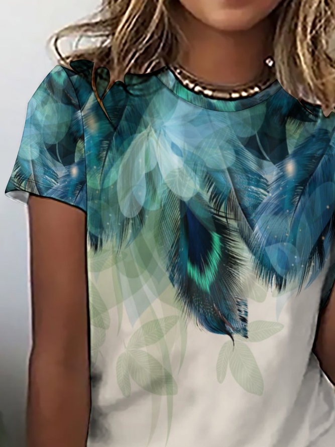 Casual Abstract Feather Print Crew Neck Short Sleeve T-Shirt