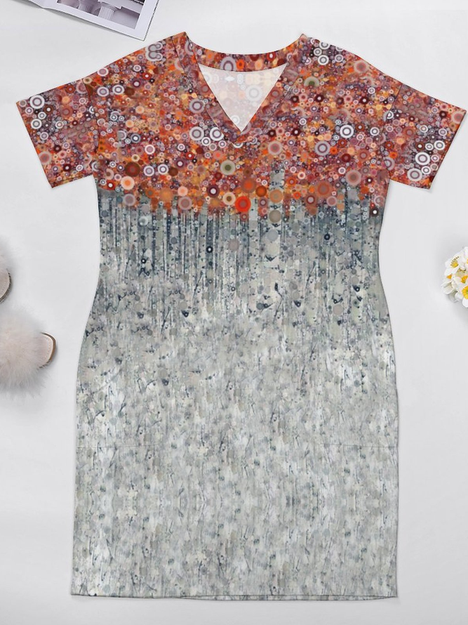 Casual Abstract Gradient Print V-Neck Short Sleeve Midi Dress