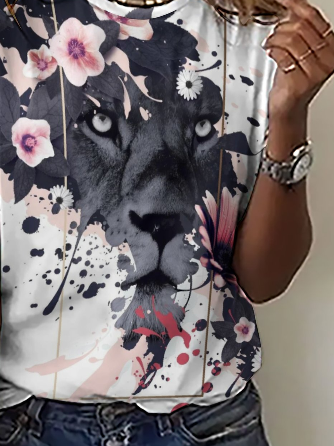 Casual Abstract Lion Floral Print Crew Neck Short Sleeve T-Shirt