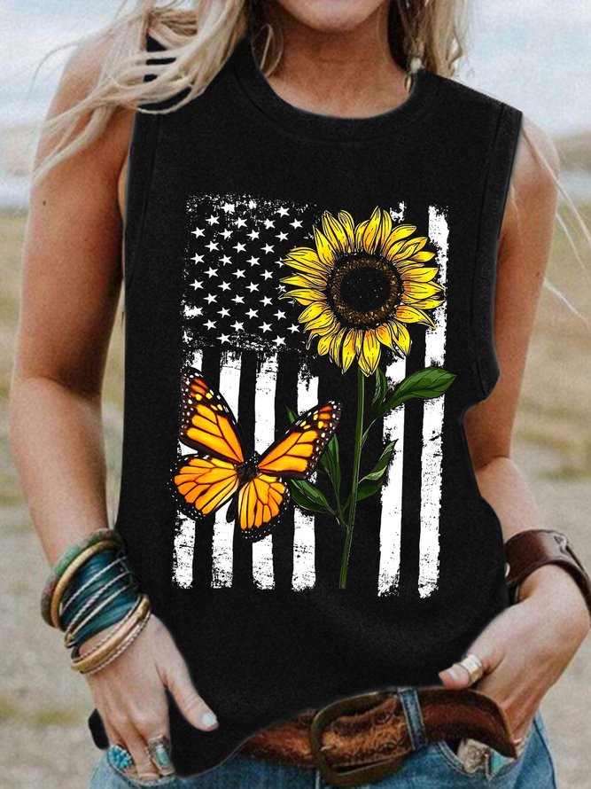 American Flag Sunflower Crew Neck Top