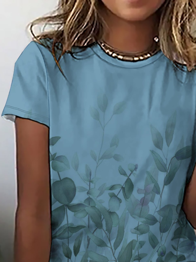 Casual Simple Leaf Print Crew Neck T-Shirt