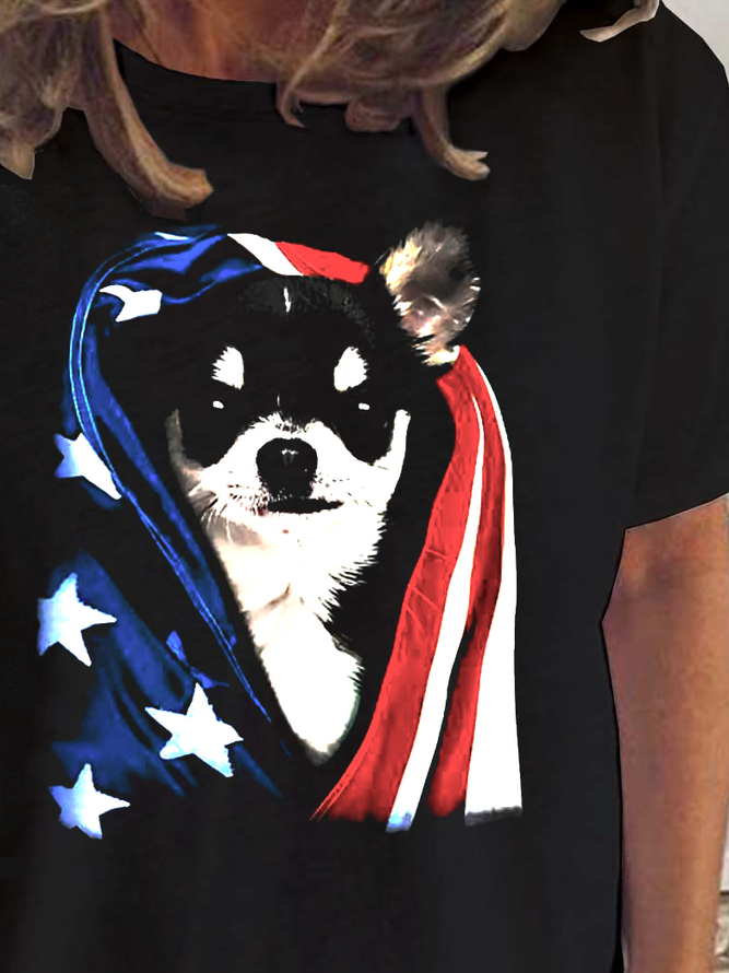 American Flag Chihuahua Print Crew Neck T-shirt