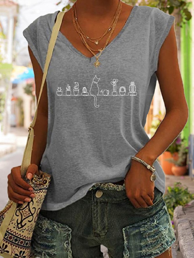 Casual Simple Plants Print V-Neck Top