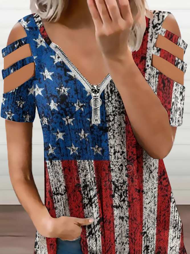 Womens American Flag Print V Neck Casual Short Sleeve Tops