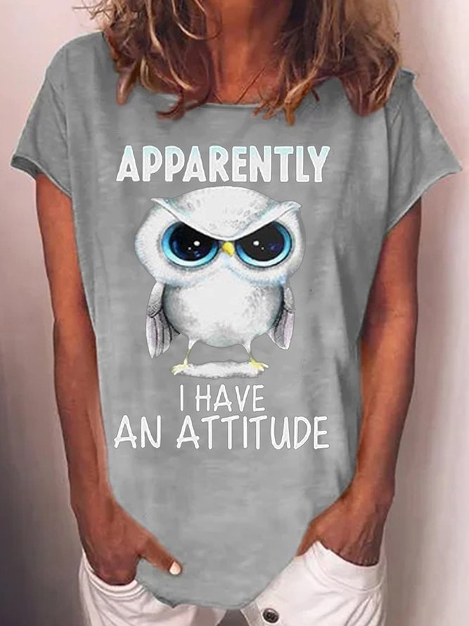 Womens Owl with An Attitude Letter Casual Short Sleeve T-Shirt