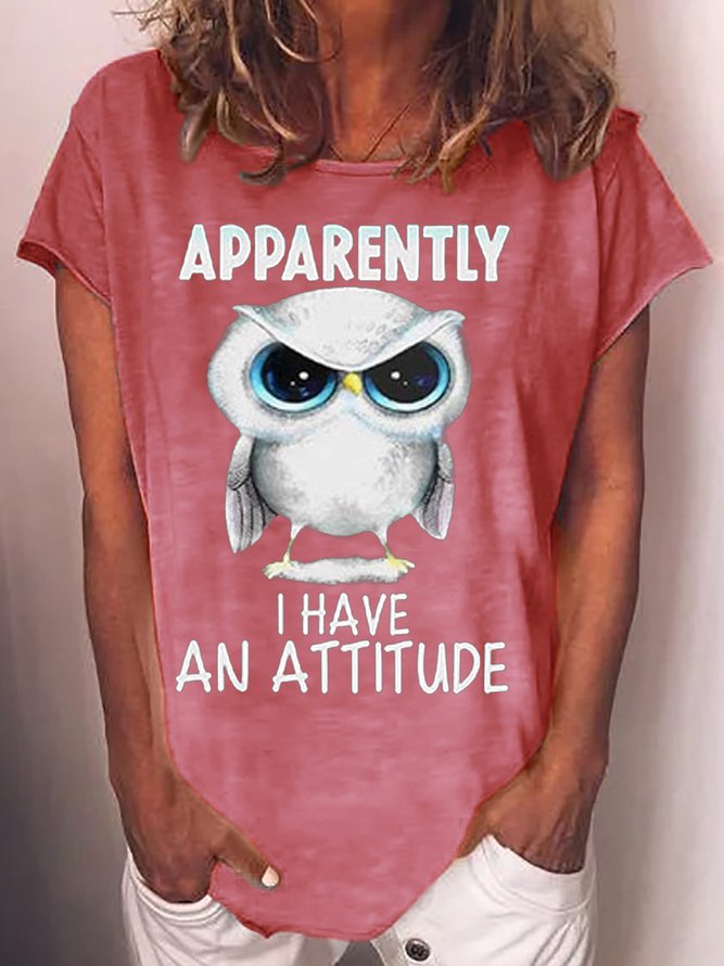 Womens Owl with An Attitude Letter Casual Short Sleeve T-Shirt