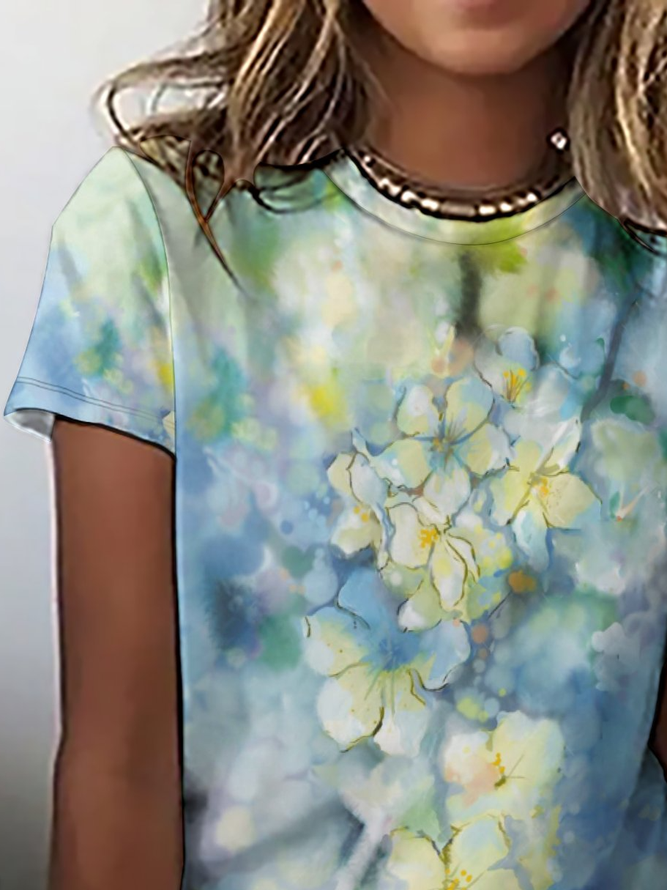 Casual Simple Floral Gradient Print Crew Neck T-Shirt