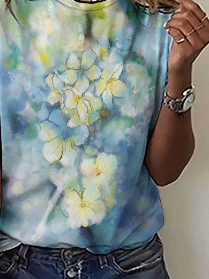 Casual Simple Floral Gradient Print Crew Neck T-Shirt