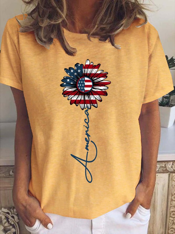 Independence Day Sunflower Print Crew Neck T-Shirt